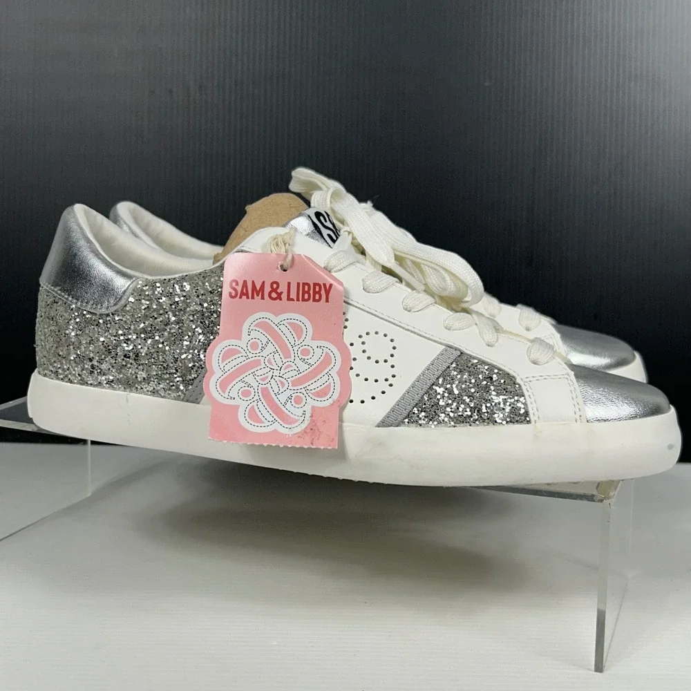 Sam &‎ Libby Size 8.5 Alina Sneakers Silver Glitter White Low Top NEW $49